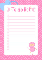 Pink to do list with lamb with waves background. Stock vector illustration in flat cartoon style. Cute child note template.
