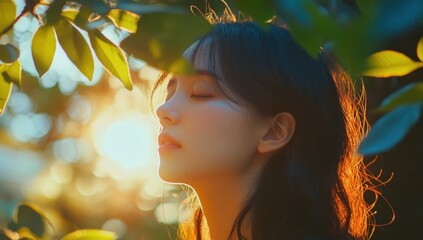 Fototapeta premium Woman with Closed Eyes Basking in Sunlight