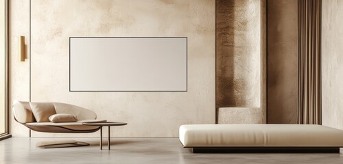 Contemporary Interior with Empty Art Frame on the Wall, Cream Sofa, and Sleek Low Table Display




