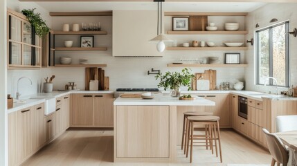 Modern kitchen with light wood cabinets, island, and open shelving.