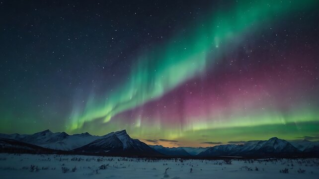 A Breathtaking Mountain Range Covered In Snow Under A Sky Filled With Vibrant Northern Lights