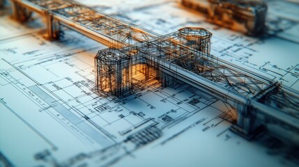 Detailed blueprint shows new bridge design. Intricate structural details, annotations visible on architectural plans. Bridge structure overlaid on paper drawings. Technical drawing for modern
