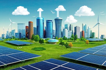 Vibrant Eco-Friendly City Landscape Illustrating Ecology, Sustainability, and Renewable Energy Concepts