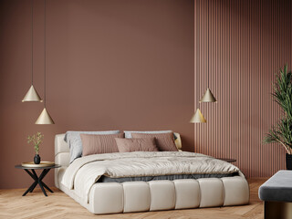 Bedroom with chocolate palette 2025 year and color trend mocha mousse wall background and accent details. 3d render