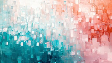 abstract and complex background + tiny square shapes, investment candle stick data,teal and white, pink and coral, 2d, frosted glass 