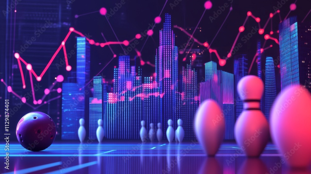 Poster a visually captivating scene blending a bowling game with a futuristic neon city and rising data cha
