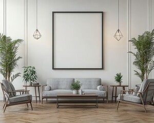 A Calming Living Room Features a Blank Frame on the Wall with Soft Shadows, Grey Furniture, and a Wooden Floor.
