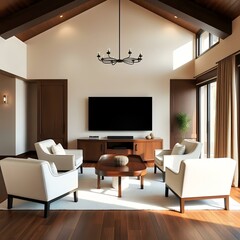 Fototapeta premium Elegant Living Space with Two Armchairs and Large Flat Screen