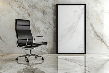 An Office Space Features a Black Chair in a Vertical Mockup Frame Placed on a Luxurious Marble Floor.