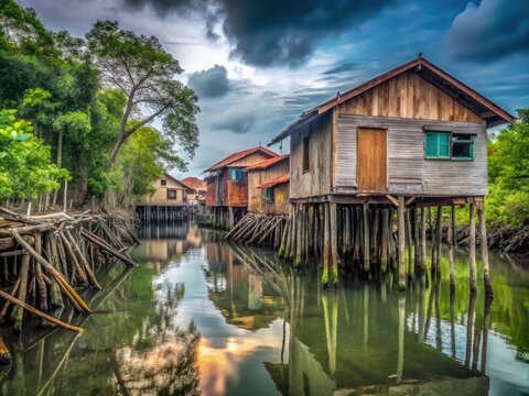 Weathered wooden houses, abandoned amidst Pulau Ketam's mangrove landscape, a poignant Malaysian coastal scene.