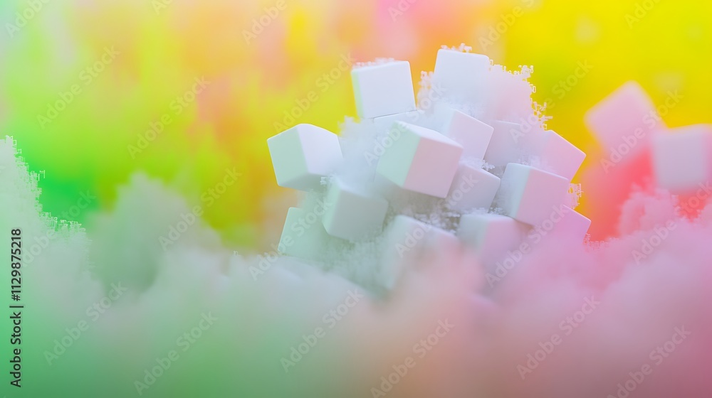 Poster abstract pastel background with clustered white cubes in a cloud.