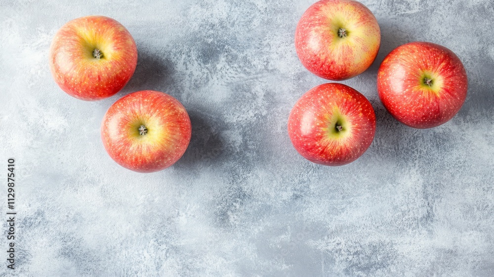 Poster a top-down view of five red apples spread out across a textured grey surface. the symmetrical arrang