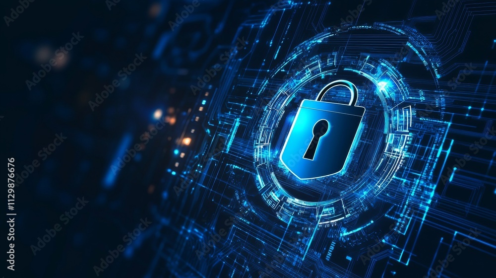 Poster a glowing blue digital padlock is the centerpiece of this image, symbolizing data protection and cyb