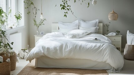 Serene White Bedroom with Lush Greenery Accents