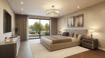 Fototapeta premium Modern Bedroom Design Featuring a King Size Bed and Balcony View