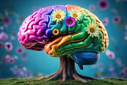 Vibrant Brain-Inspired Tree Design Promoting Mental Wellness and Emotional Intelligence Through Nature Blooms
