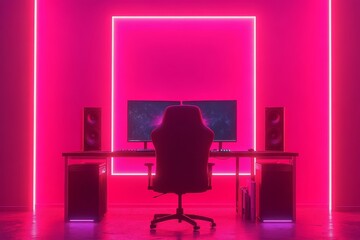 Minimalist gaming room with neon lights, elaborate computer setup, large speakers, black gaming chair, and vibrant pink lighting