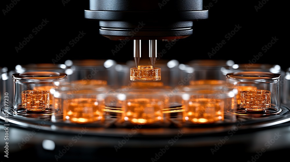 Poster close-up of robotic arm manipulating small glowing component in a precision manufacturing process.
