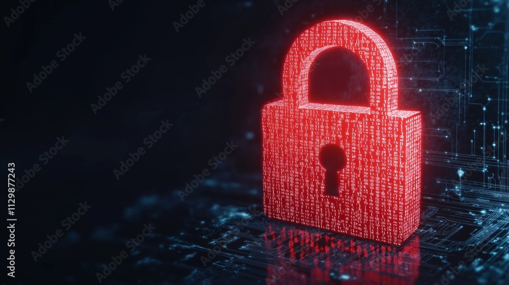 Poster abstract digital red alert padlock shows tech security risks. binary code covers tech symbol. inform