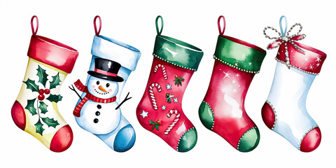 Festive Christmas Stockings Watercolor Illustration Holiday Decor Snowman Candy Canes Holly Winter