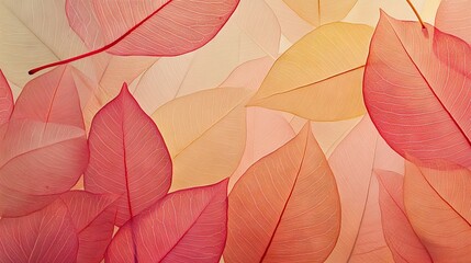 96.Warm-toned autumn leaves captured up close with delicate backlighting, emphasizing their detailed veins and edges; the vivid reds and golds pop against the soft glow, creating a beautiful and