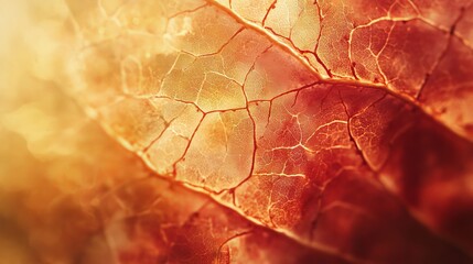 Obraz premium 96.Warm-toned autumn leaves captured up close with delicate backlighting, emphasizing their detailed veins and edges; the vivid reds and golds pop against the soft glow, creating a beautiful and