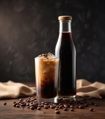 Glass of iced coffee liqueur, coffee beans, dark bottle,  product photography,  detail,  cold