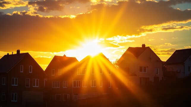 19.Sunset with backlit houses. Yellow rays, coming from below, create an effect of lines in the sky. Sharp effect with the silhouettes of the houses in backlight:
