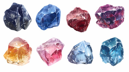Fototapeta premium Artistic clipart of raw healing crystals and gemstones, including sapphire and ruby, on white background. Sapphire. Illustration