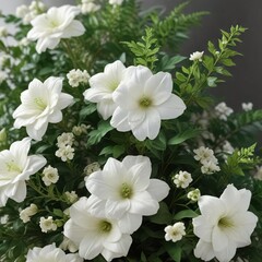 Obraz premium Delicate white funeral flowers with green foliage, garden flowers, tranquility