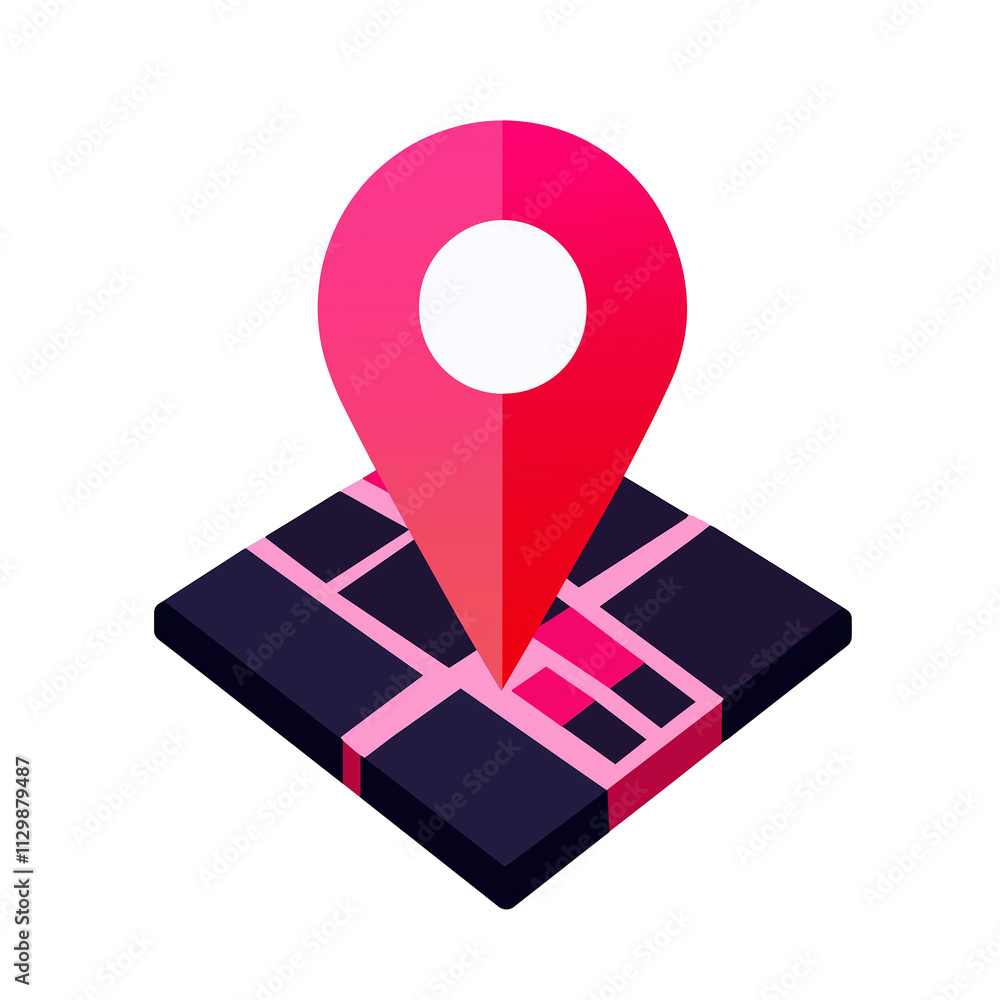 Poster location pin pointing on isometric city map with transparent background