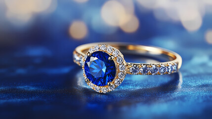 Beautiful gold engagement ring with sapphire and diamonds set against a vivid blue background. this exquisite jewelry was expertly and flawlessly retouched, befitting a jeweler. Sapphire. Illustration