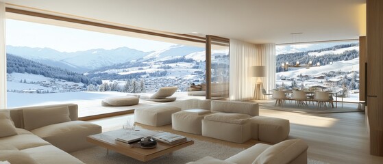 Fototapeta premium Modern Mountain Home Living Room Overlooking Snowy Alps