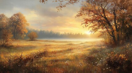 Fototapeta premium 98.Soft dawn light casts a warm backlight over an autumn meadow, illuminating dewdrops on the grass; the harmonious mix of golden and orange hues fills the scene with an enchanting morning glow.