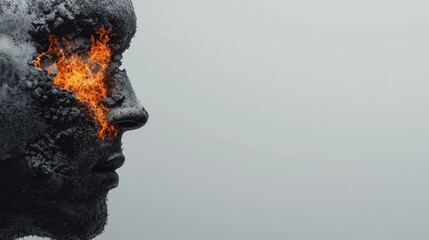 Profile of a charred face with fiery eye and burnt texture, space for copy text