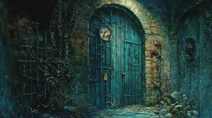 Fototapeta premium A large, rustic door framed by ancient stone walls is partially overgrown with vines. The dark, moody setting evokes mystery and intrigue, ideal for fantasy or adventure concepts.. AI Generation
