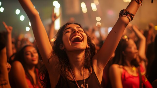 73.Electrifying energy of a music concert as young, cheering people revel in the beats and rhythms; party vibes: