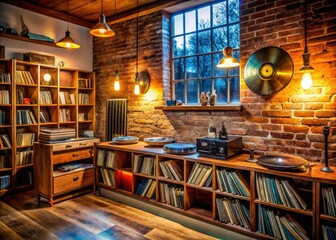 Warm light bathes vintage vinyl, record players, and musical history within a charming shop.