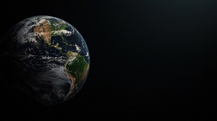 Fototapeta premium Realistic 3D rendering of Earth highlighting North and South America against a dark background, space for copy text