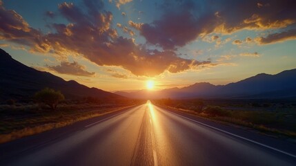 53.Scenic highway road framed by distant mountains and a colorful sunset sky; the clouds reflect the warm tones of the setting sun, creating a peaceful and inviting atmosphere along the empty road.