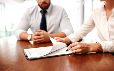 Hands, business people and signing documents at office for partnership, deal and contract...