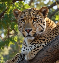 Obraz premium Leopard's head resting on a leafy branch of the marula tree, tree, animal, leopard