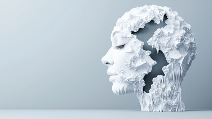 Abstract 3D sculpture of a human face eroded to reveal textured details, on a light background