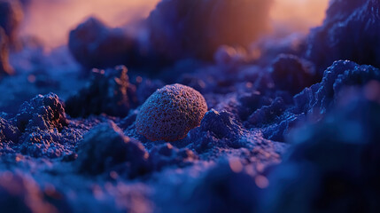 Close-up of decaying single cell with visible disintegration, contrasting with surrounding healthy cells, highlighting cellular biology concepts of life and death.
