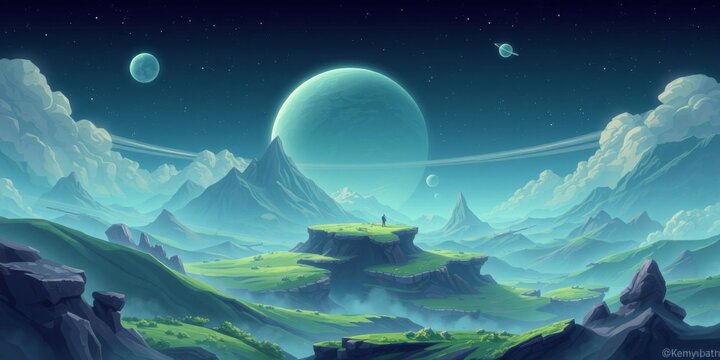 Fantasy space seamless game landscape with layers for parallax effect on green planet, fantasy, background, layers