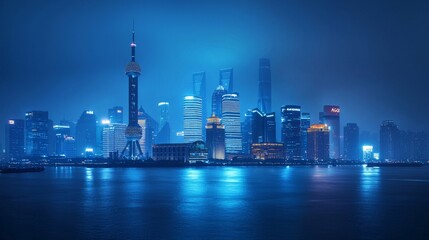 Corporate promotional images, urban skyline, data network, technological sense, bright lighting, blue as the main color, simplicity, AIGC, strong texture, high-definition, design sense 