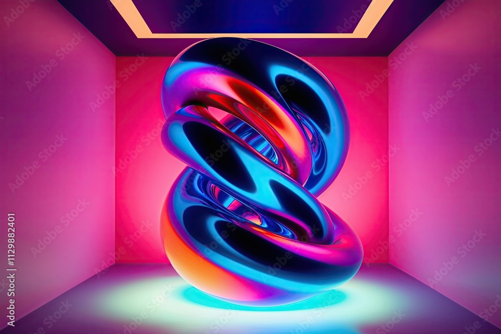 Poster dynamic surreal 3d projection of a unique twisting shape with a colorful avant-garde backdrop