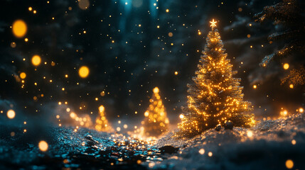 Magical Christmas night scene with illuminated trees and falling snowflakes