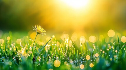 Fototapeta premium 99.A serene autumn meadow bathed in gentle dawn light, each blade of grass adorned with shimmering dew; the warm backlight enhances the harmonious tones of the scene, creating a tranquil and inviting