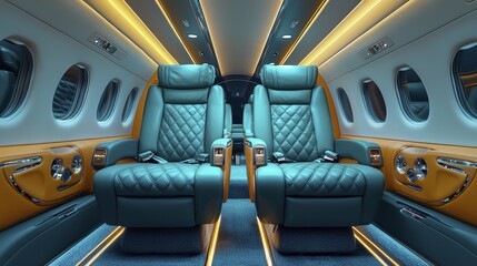 Fototapeta premium Luxury Private Jet Interior Teal Leather Seats | Luxury Travel